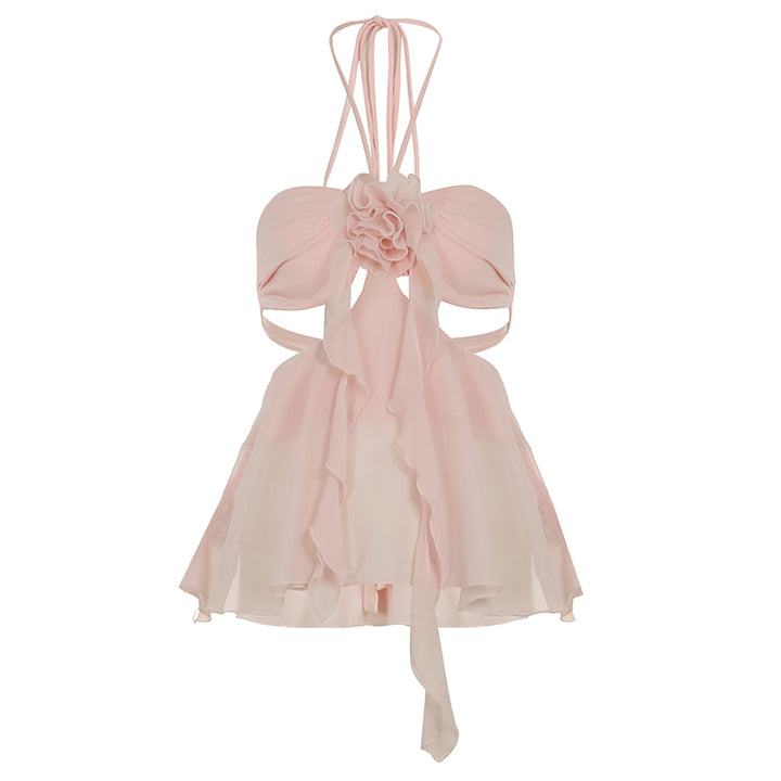 Floral Chiffon Rosette Cutout Halter Top in Pink or White - Vedlit