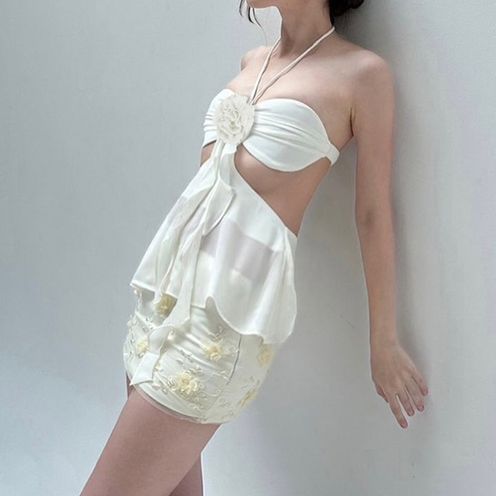 Floral Chiffon Rosette Cutout Halter Top in Pink or White - Vedlit