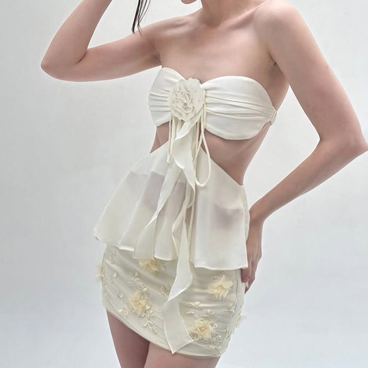 Floral Chiffon Rosette Cutout Halter Top in Pink or White - Vedlit