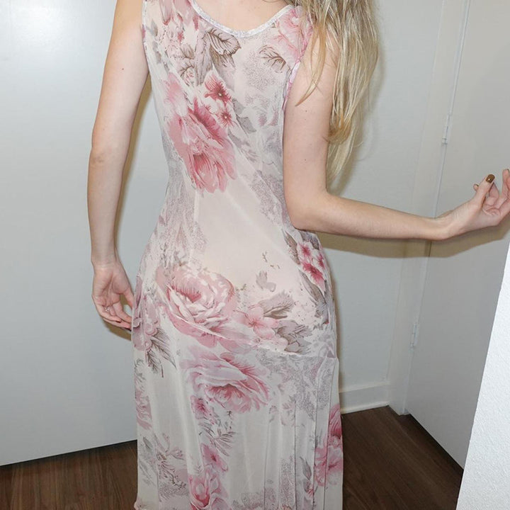 Floral Cowl Neck Mesh Midi Dress in Vintage Rose Print - Vedlit