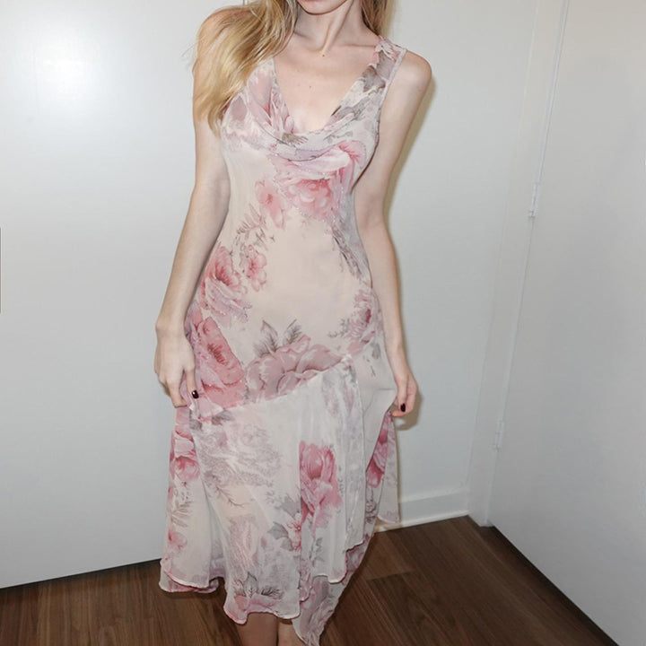 Floral Cowl Neck Mesh Midi Dress in Vintage Rose Print - Vedlit