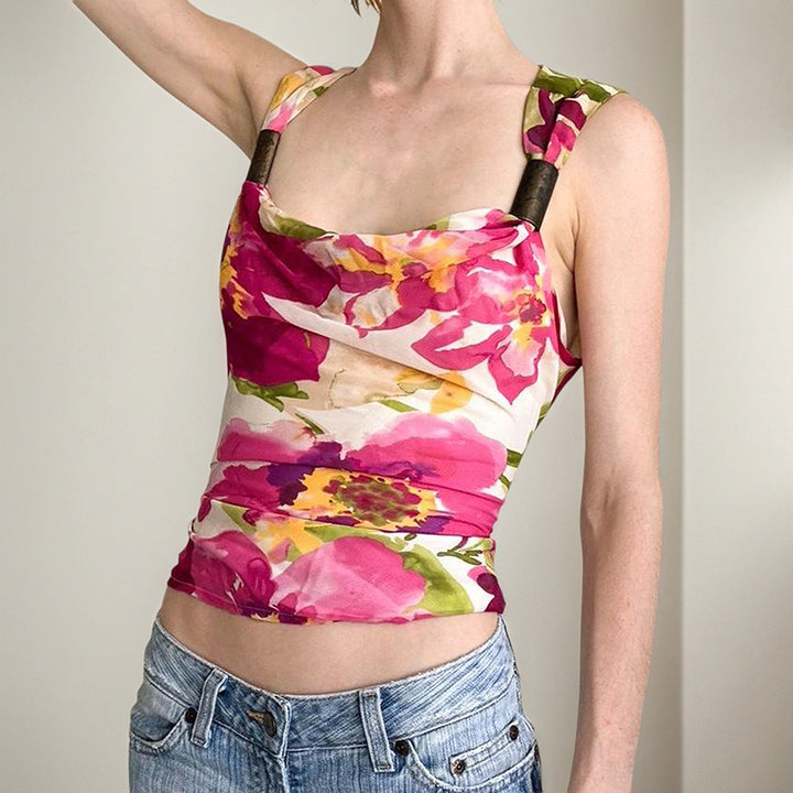 Floral Cowl Neck Mesh Tank Top with Wood Ring Straps - Vedlit