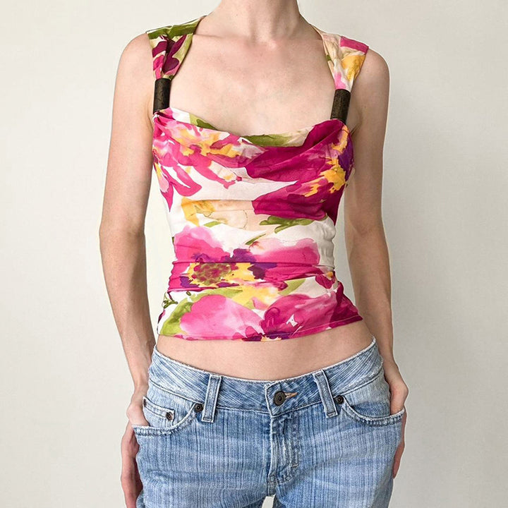 Floral Cowl Neck Mesh Tank Top with Wood Ring Straps - Vedlit