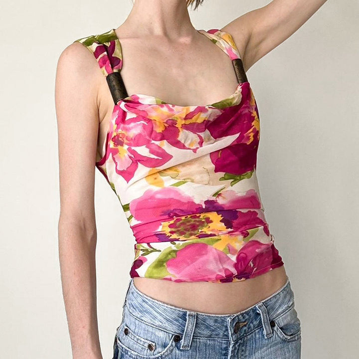 Floral Cowl Neck Mesh Tank Top with Wood Ring Straps - Vedlit
