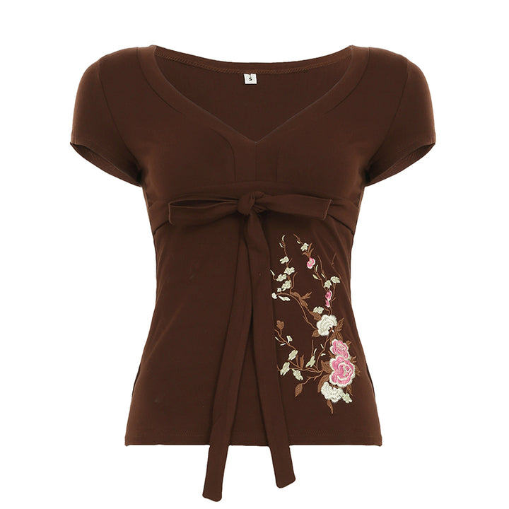 Floral Embroidered Brown Bow-Tie V-Neck Tee - Vedlit