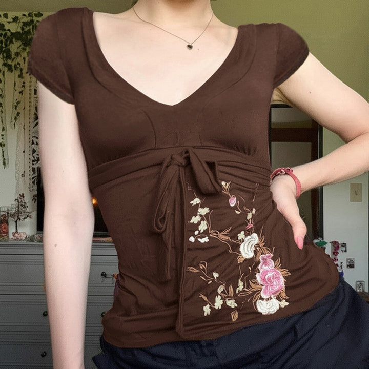Floral Embroidered Brown Bow-Tie V-Neck Tee - Vedlit