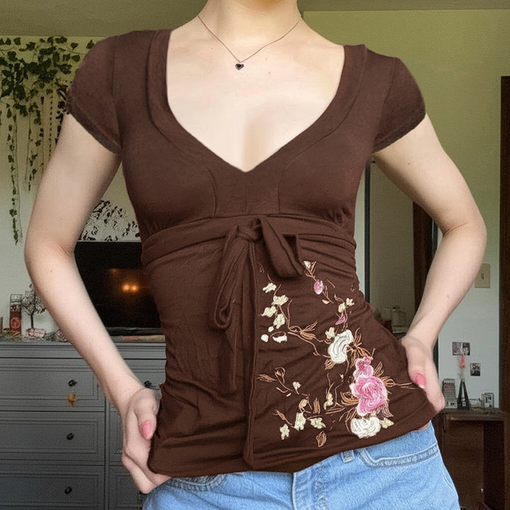 Floral Embroidered Brown Bow-Tie V-Neck Tee - Vedlit