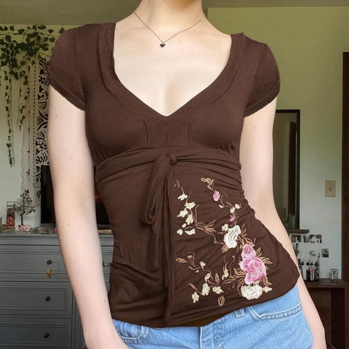 Floral Embroidered Brown Bow-Tie V-Neck Tee - Vedlit