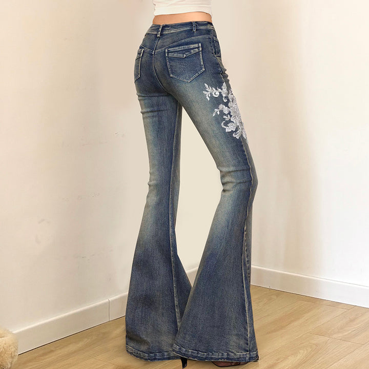 Floral Embroidered Flared Denim Jeans Vintage Fit - Vedlit