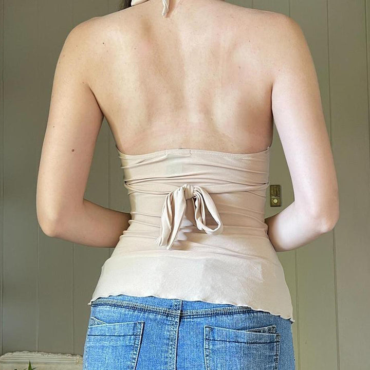 Floral Embroidered Halter Backless Top in Beige - Vedlit