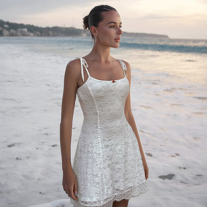 Floral Lace A-Line Mini Dress with Tie Straps - Vedlit