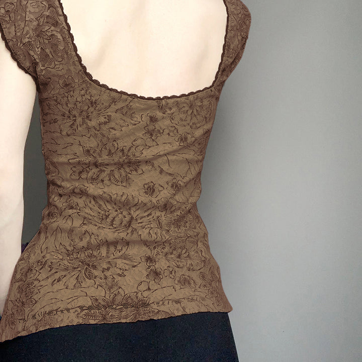 Floral Lace Slim Fit Square Neck Top - Vedlit