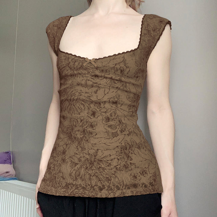 Floral Lace Slim Fit Square Neck Top - Vedlit