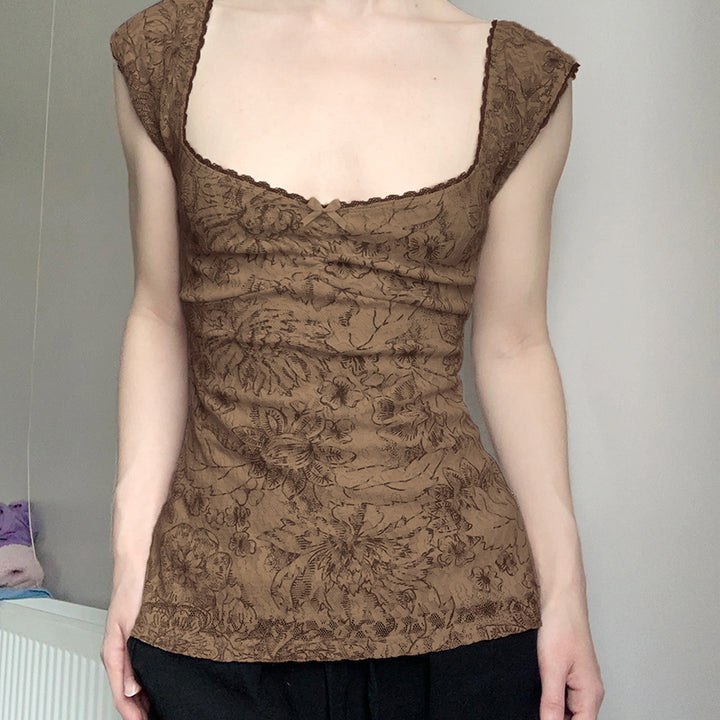 Floral Lace Slim Fit Square Neck Top - Vedlit