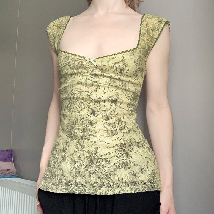 Floral Lace Slim Fit Square Neck Top - Vedlit