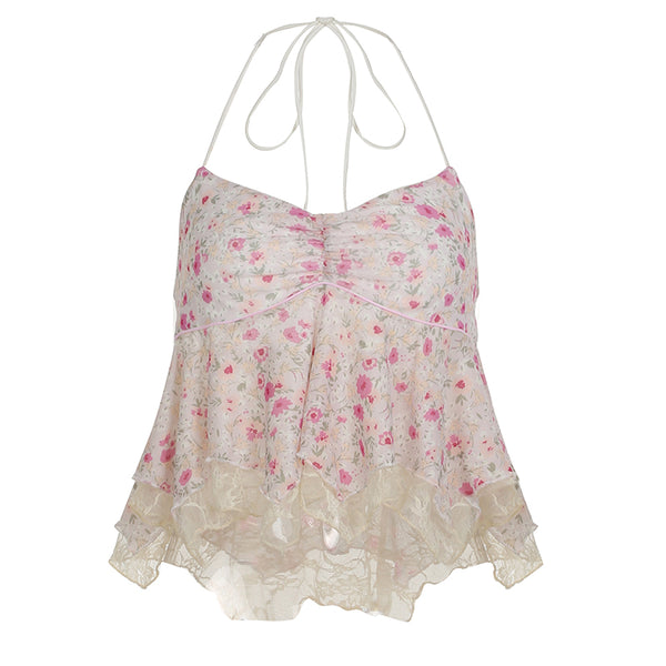 Floral Lace Trim Halter Peplum Top - Vedlit