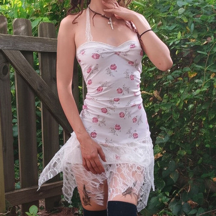 Floral Mesh Lace Fairycore Dress with Handkerchief Hem - Vedlit