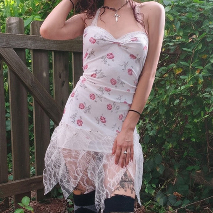Floral Mesh Lace Fairycore Dress with Handkerchief Hem - Vedlit