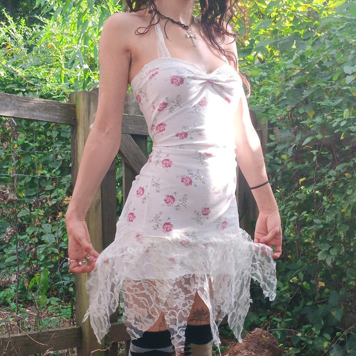 Floral Mesh Lace Fairycore Dress with Handkerchief Hem - Vedlit