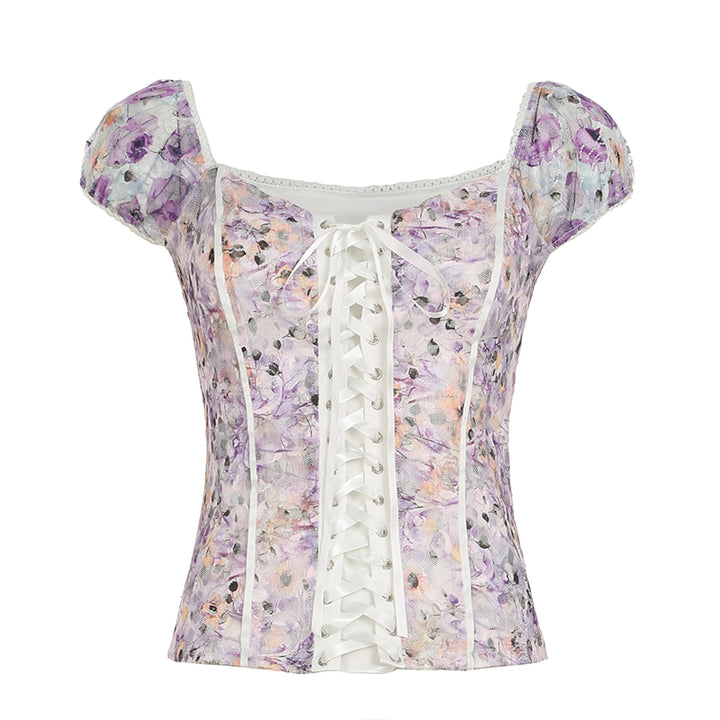 Floral Mesh Lace-Up Corset Blouse with Puff Sleeves - Vedlit