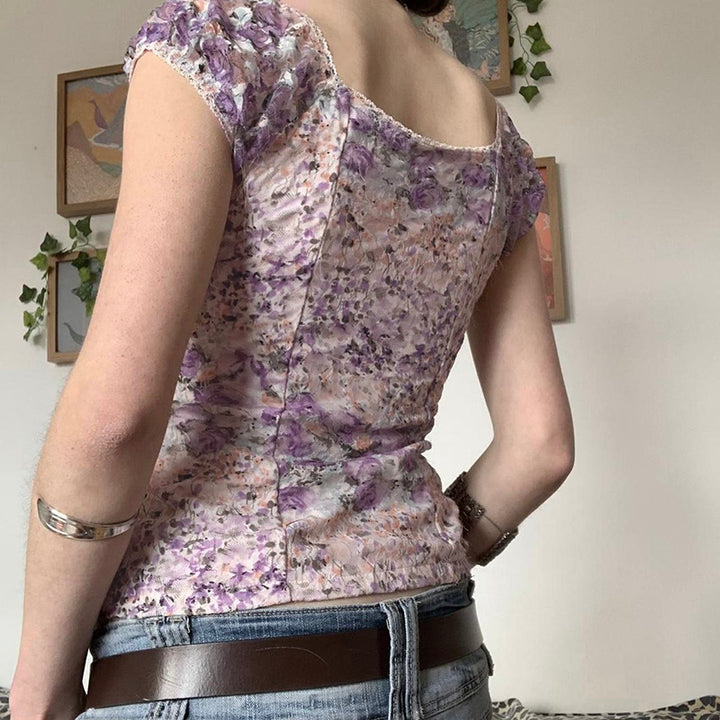 Floral Mesh Lace-Up Corset Blouse with Puff Sleeves - Vedlit