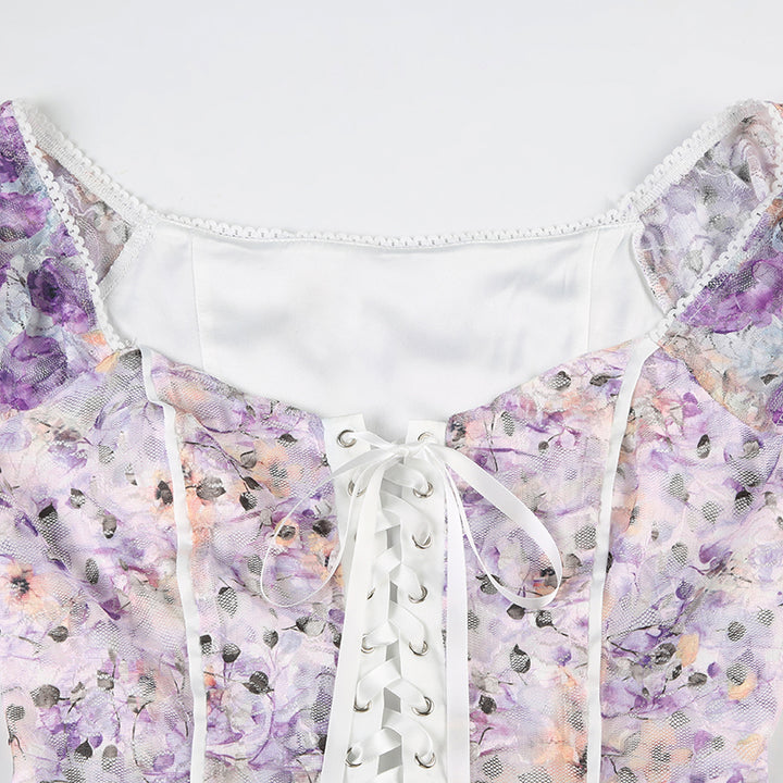 Floral Mesh Lace-Up Corset Blouse with Puff Sleeves - Vedlit