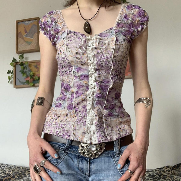 Floral Mesh Lace-Up Corset Blouse with Puff Sleeves - Vedlit
