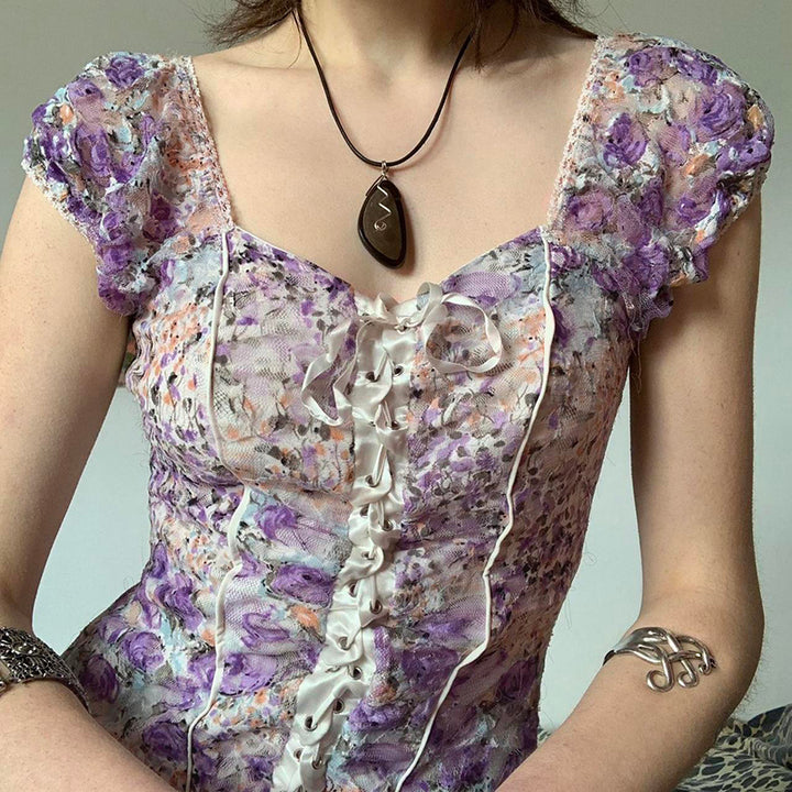 Floral Mesh Lace-Up Corset Blouse with Puff Sleeves - Vedlit
