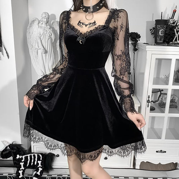 Floral Mesh Long Sleeve Gothic Velvet Dress - Vedlit