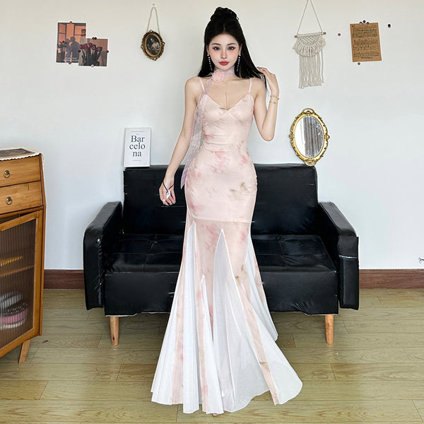 Ruffle Front Backless Sheer Maxi Dress with Slit - Light Blue - Vedlit
