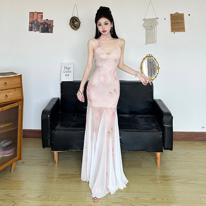 Ruffle Front Backless Sheer Maxi Dress with Slit - Light Blue - Vedlit