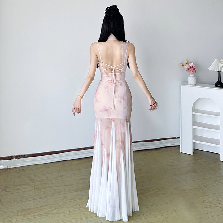 Ruffle Front Backless Sheer Maxi Dress with Slit - Light Blue - Vedlit