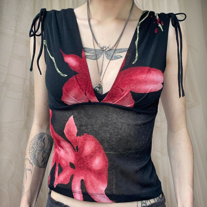 Floral Mesh V-Neck Sleeveless Top with Shoulder Ties - Vedlit