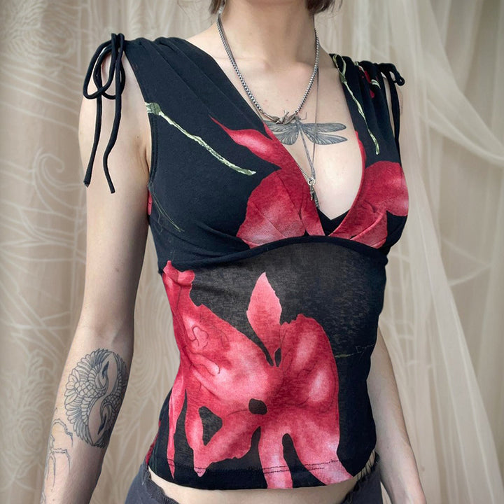 Floral Mesh V-Neck Sleeveless Top with Shoulder Ties - Vedlit