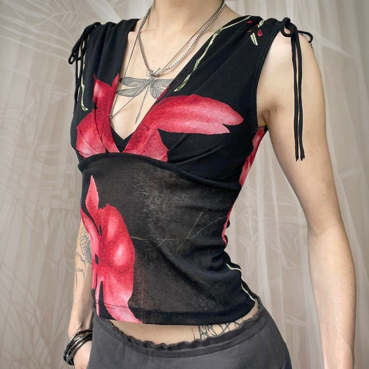 Floral Mesh V-Neck Sleeveless Top with Shoulder Ties - Vedlit