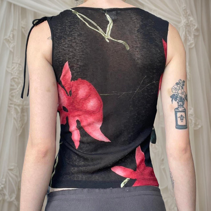 Floral Mesh V-Neck Sleeveless Top with Shoulder Ties - Vedlit