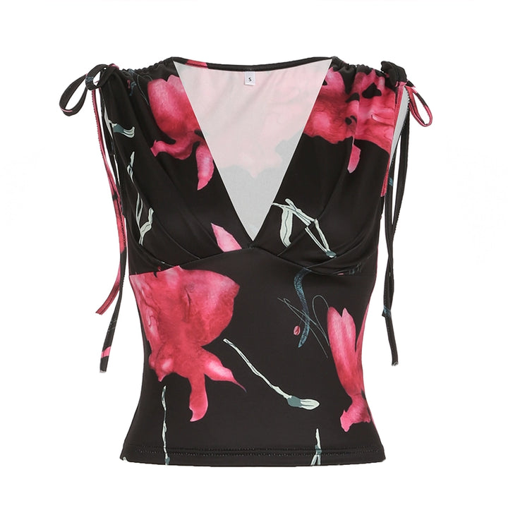 Floral Mesh V-Neck Sleeveless Top with Shoulder Ties - Vedlit
