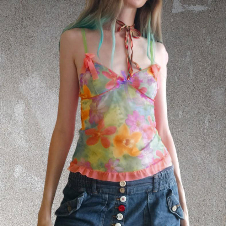 Floral Mesh Y2K Sheer Camisole Top with Bows and Ruffles - Vedlit