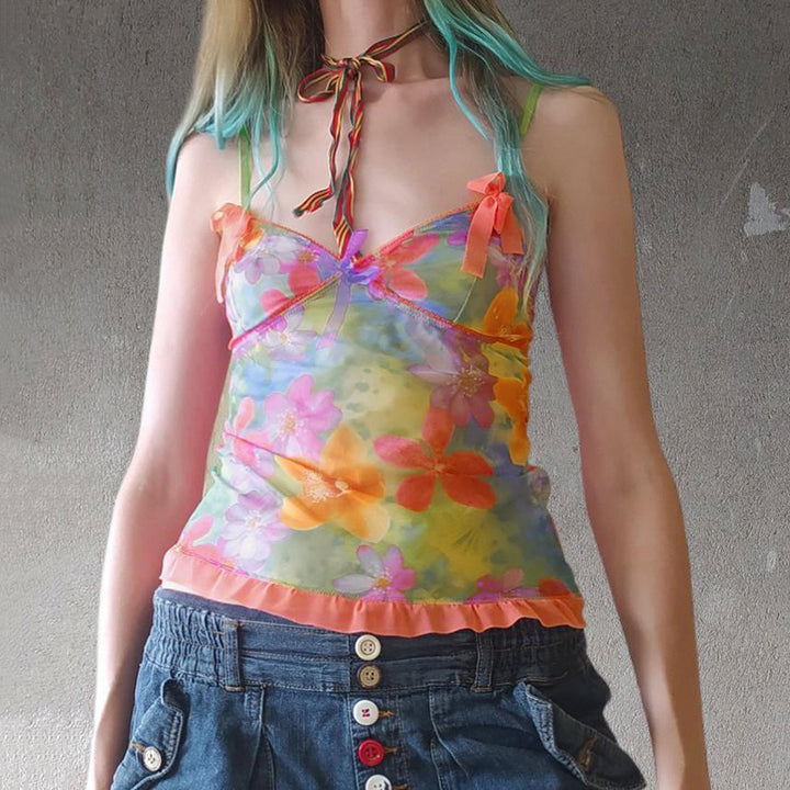 Floral Mesh Y2K Sheer Camisole Top with Bows and Ruffles - Vedlit