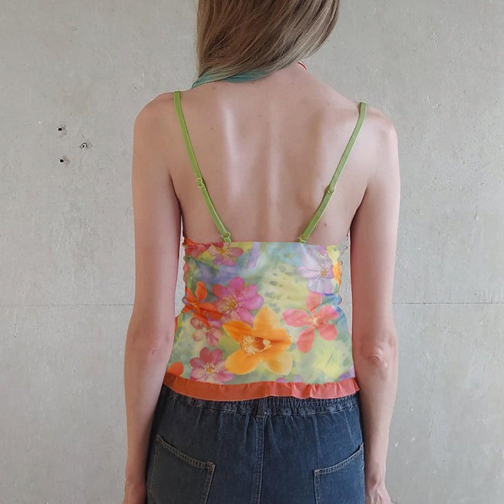 Floral Mesh Y2K Sheer Camisole Top with Bows and Ruffles - Vedlit