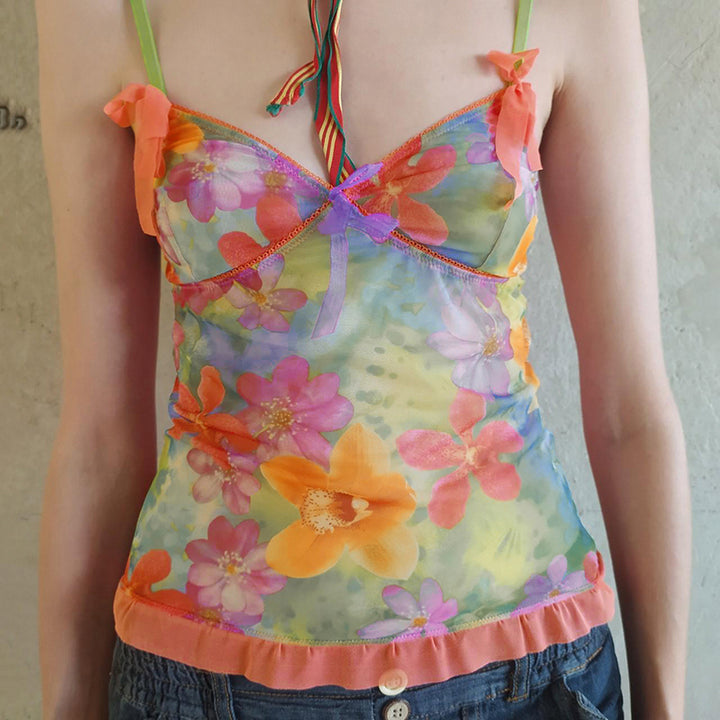 Floral Mesh Y2K Sheer Camisole Top with Bows and Ruffles - Vedlit