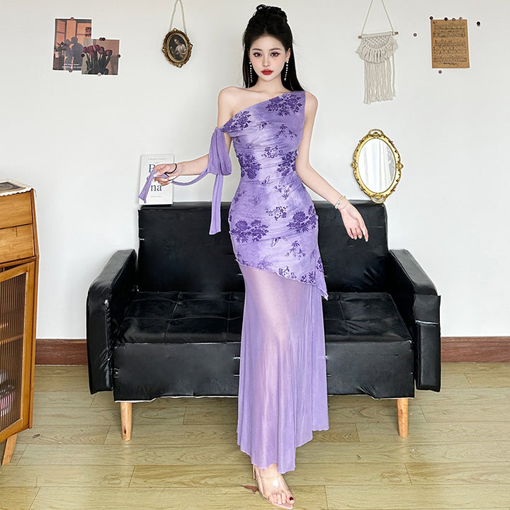 Floral One-Shoulder Sheer Layered Evening Dress - Purple - Vedlit