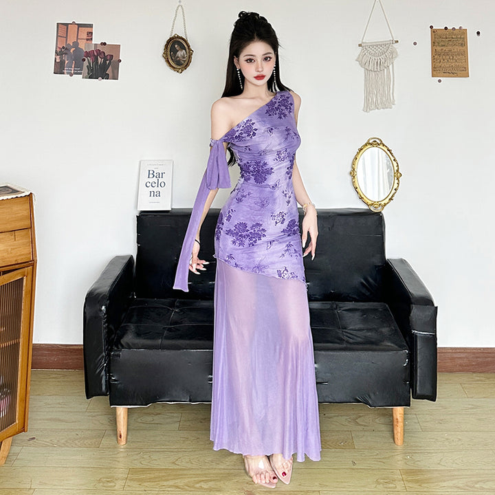 Floral One-Shoulder Sheer Layered Evening Dress - Purple - Vedlit