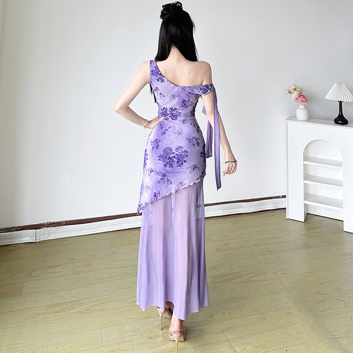 Floral One-Shoulder Sheer Layered Evening Dress - Purple - Vedlit
