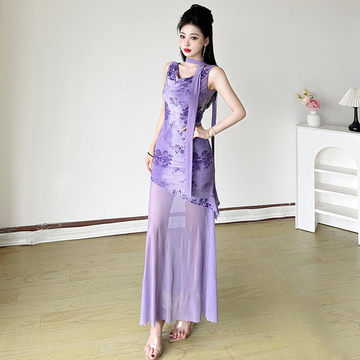 Floral One-Shoulder Sheer Layered Evening Dress - Purple - Vedlit