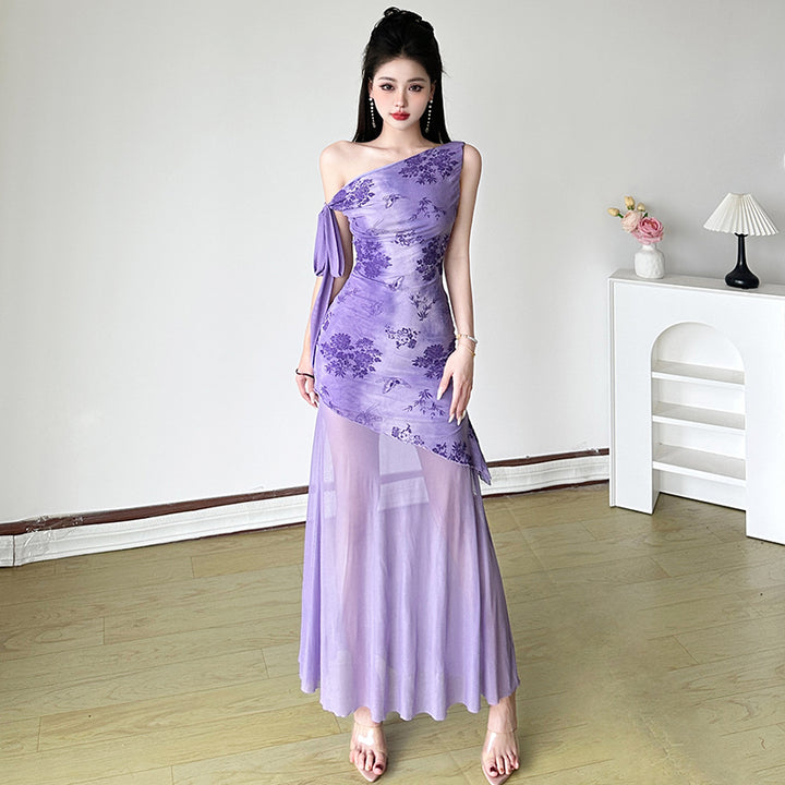 Floral One-Shoulder Sheer Layered Evening Dress - Purple - Vedlit
