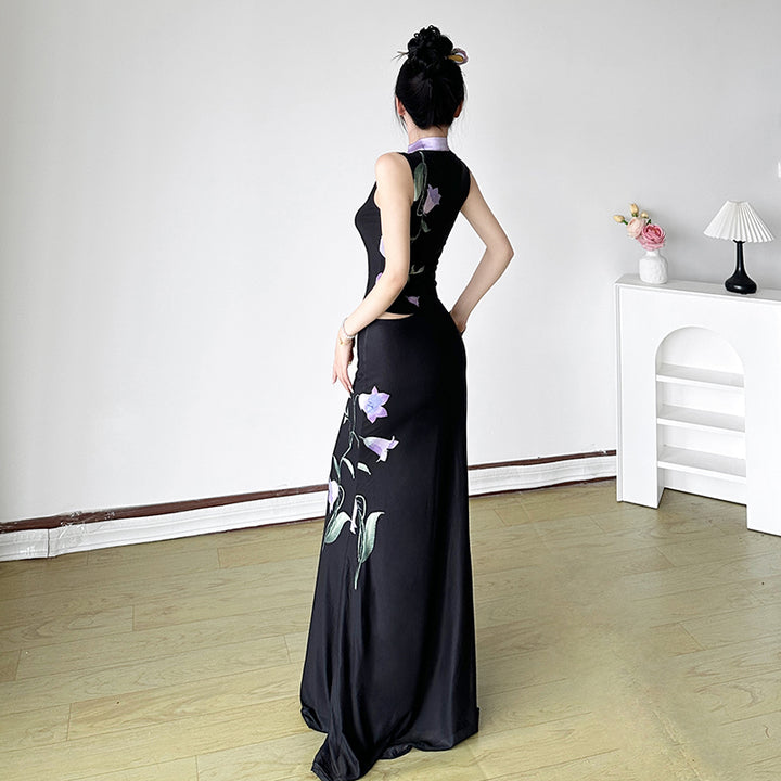 Floral Print Black Two-Piece Cheongsam Maxi Set - Vedlit