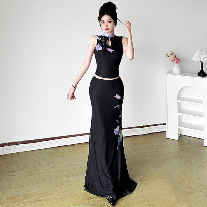 Floral Print Black Two-Piece Cheongsam Maxi Set - Vedlit