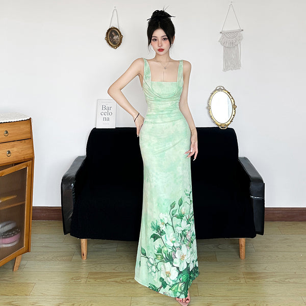 Floral Print Drape Neck Sleeveless Maxi Dress in Green - Vedlit