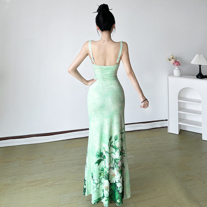 Floral Print Drape Neck Sleeveless Maxi Dress in Green - Vedlit